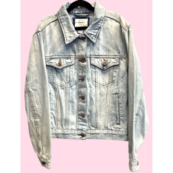 Forever 21 Womens Cropped Denim Jean Jacket Graphic Back Design Medium - Picture 1 of 3